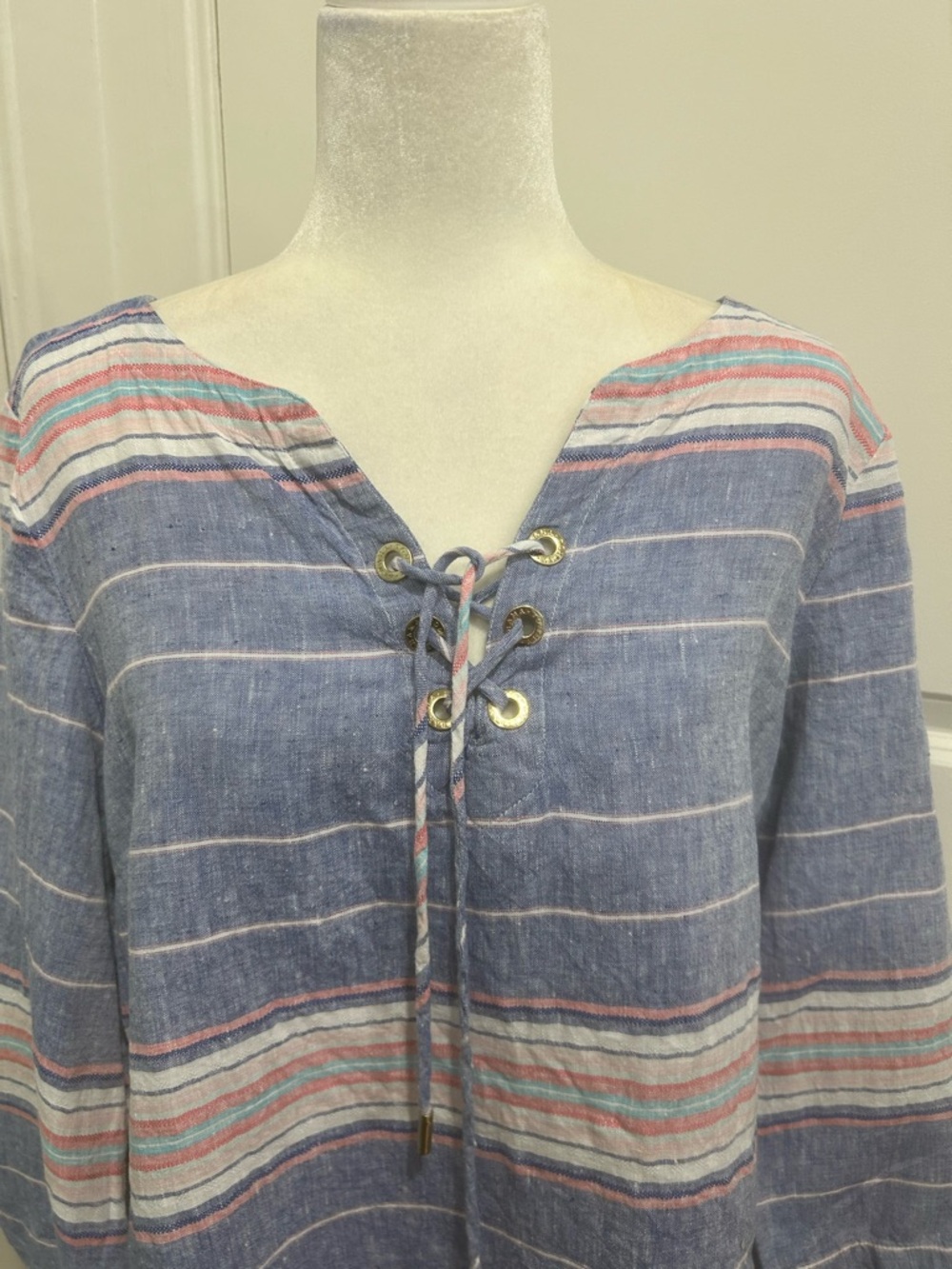 Tommy Bahama Linen Striped top womens large Coastal blue vacation beachy boho - Picture 12 of 13